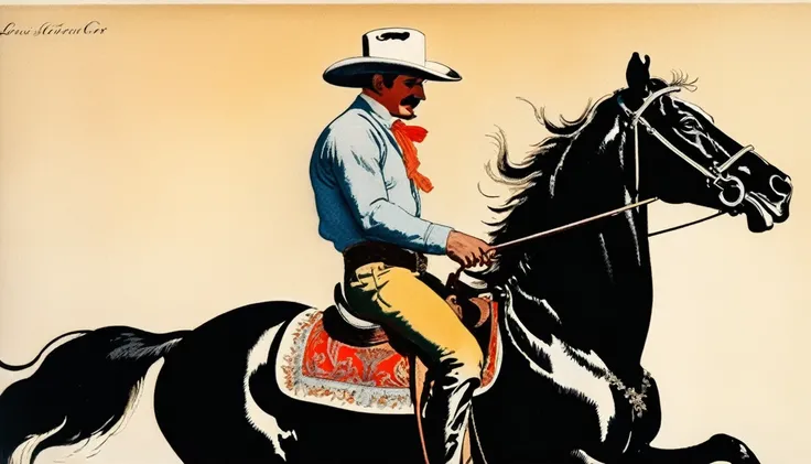 (best quality, Masterpiece:1,1), ((illustration by Louis Icart)),Western Cowboy, improvisation, Detailed illustration, grotesque,
 Intricate details, tempering, (aesthetics), excitement, hyperrealistic, insanely detailed, ((Louis Icarth style)