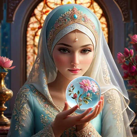 "Ultra-realistic illustration of a serene woman in a traditional dress and hijab, adorned with intricate embroidery and a delicate crown, kneeling inside a beautifully crafted glass dome. She holds a smaller glass sphere containing a blooming flower. The b...