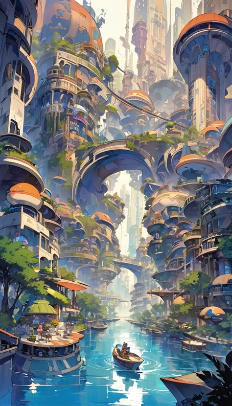 lake city, an impressive city built on a large lake, with canals as streets, lots of vegetation, futuristic elements, artwork by Bill Sienkiewicz , vivid colors, intricate details,