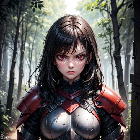 (High Detail:1.2) Anime Girl, (Best quality, Detailed), (dark and angry, gravelly:1.3, dark:1.2), 1boy, (solo), long hair, fire hair!!, ((red eyes)), fair skin, (black armor plate), sinister, intense look, forest, volcan, background dark, Volumetric light,...