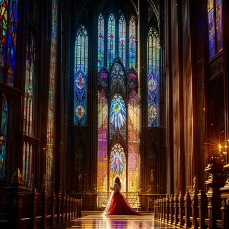 Red carpet (Cathedral from below:1.28) VolumetricLighting (FullBody ZoomedOut:1.28 Wide-shot) ZoomLayer (BokeH:1.32), TopQuality 8K masterpiece of ((Professional photo)), (((Clarisse de Cagliostro))) (Detailed Delicate White Dresses), Chain, Extremely deta...