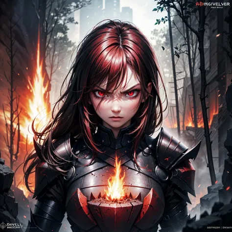 (High Detail:1.2) Anime Girl, (Best quality, Detailed), (dark and angry, gravelly:1.3, dark:1.2), 1boy, (solo), long hair, red hair!!, ((red eyes)), fair skin, (black armor plate), sinister, intense look, fire forest, lava, background dark, Volumetric ligh...