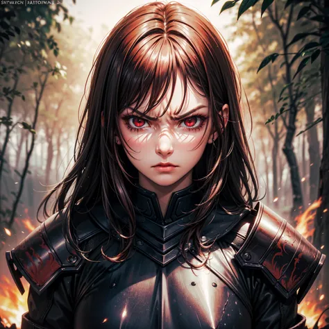 (High Detail:1.2) Anime boy, (Best quality, Detailed), (dark and angry, gravelly:1.3, dark:1.2), 1boy, (solo), long hair, red hair!!, ((red eyes)), fair skin, (black armor plate), sinister, intense look, fire forest, lava, background dark, Volumetric light...