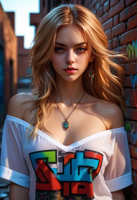 Ultra-realistic 8k CG, masterpiece, ((Super detailed background, Exquisite pattern, Intricate details)), best quality, Intricate detailss, Chromatic Aberration, 1 Girl, long hair, blonde, messy hair, Red highlights, Hair covering one eye, Sharp eyes, Neckl...