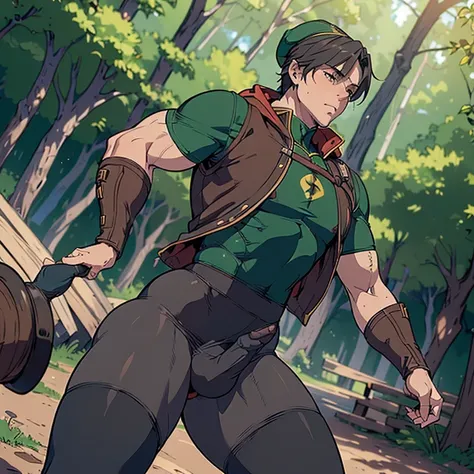 ((Naughty and adventurous adult Robin hood wearing lewd erotic clothes, hat and tight leggings showing his dick bulge line:)),  ((dick inside spandex leggings:0.3 )), gangbang, (robin hood inspired setting), NSFW, hentai, porn, ((concept inspired by Robin ...