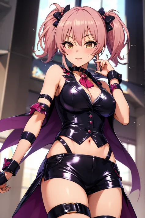 masterpiece, best quality, highres, aamika, twintails, hair bow, idol clothes, choker, vest, wrist cuffs,, midriff,latex shorts,big breasts