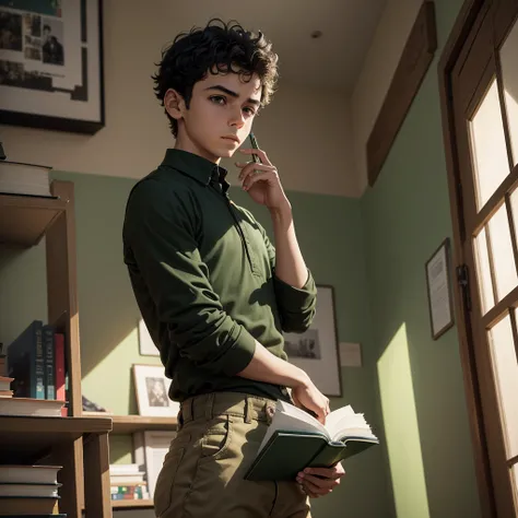 arafed boy in a green and black shirt Holding a book, ele está Holding a book grande, with science book, , inspired by Joze Ciuha, Holding a book, thought-provoking, by John Henderson, thought-provoking, album photo, full - view, inspired by Johan Edvard M...