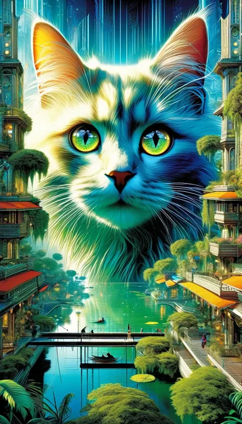 a cat in a scenic futuristic lake city, beautiful detailed eyes, beautiful detailed face, extremely detailed fur, intricate architectural details, floating platforms and canals, lush vegetation, vibrant colors, dramatic lighting, cinematic composition, art...