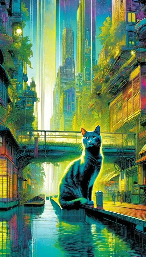 a cat in lake city:1.5 , an impressive city built on a large lake, with canals as streets, lots of vegetation, futuristic elements, artwork by Bill Sienkiewicz , vivid colors, intricate details,
