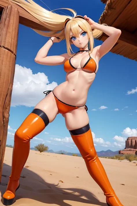 Perfect Anatomy　Highest quality,Highest Resolution,(((Dark orange bikini　Thigh-high boots)))　Metal Max 2:Reloaded　Mishka　Blonde　long hair　Blue Eyes　D Cup　20-year-old　end of the century　desert　athletic　Warrior　cool