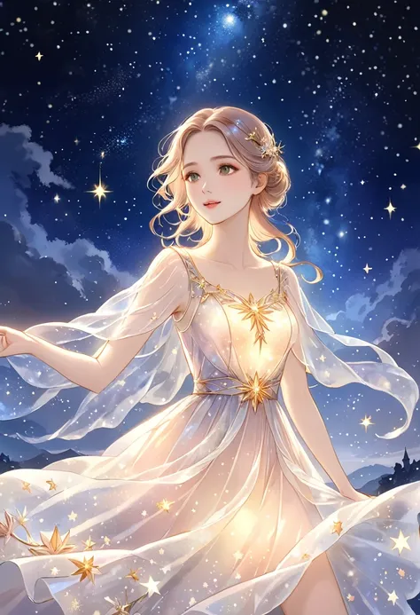 (masterpiece,best quality,absurdres,4k,8k,highres:1.3), girl wearing an ethereal translucent dress made of starry_sky_print, mag...