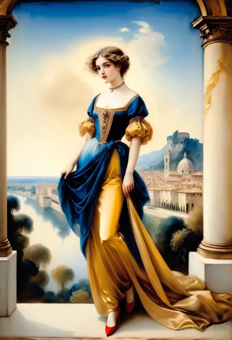 [[(full-length front view: young attractive girl) ((style Louis Icart))]/[background:amazing Renaissance landscape based on Guercino) (masterpiece)], oil painting, extreme detail, intricate, unusual, ((best quality))]