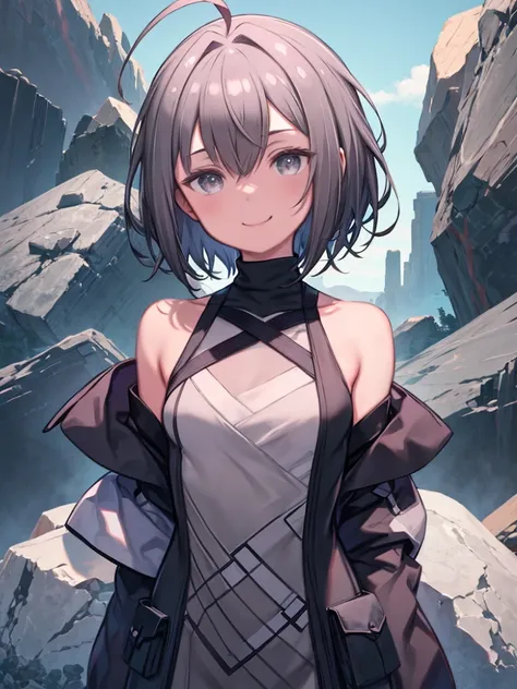 Highest quality, masterpiece, High resolution, alone, {Mayer_Arknights:1.15}, short_hair_and_length_rock, Ahoge, smile, 前hair, turtleneck, siderock, upper_body, hair_between_eye, chest, brown_hair, gray_eye, gray_hair