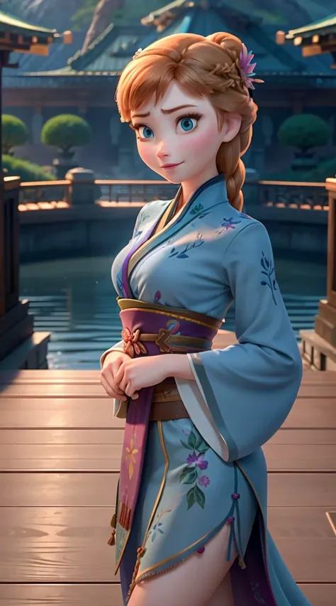 Photo of Anna of Arendelle as a 少女, ,  Disney Movies「Frozen」Anna, expensive and セクシー, Great face, Perfect body, cute, Hawaii, expensive, Sexy Legs, bursting small breasts, Happy.She is beautifully wearing a navy kimono.