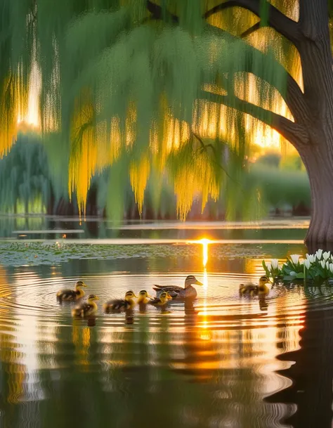 at sunrise, a duck with five ducklings glides easily across a calm lake., sunrise radiates warmth, golden glow on their wet feathers. Duck dips his head in water, creating gentle ripples, reflecting the beautiful shades of the sky. Willow trees and bloomin...