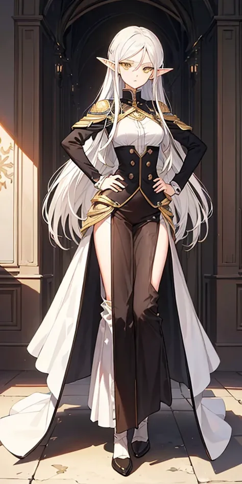 masterpiece, best quality, high quality, Erwin, elf, long hair, white hair, yellow eyes (1solofemale full body standing straight symmetrical, hands on hips) 