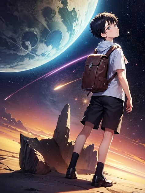 A young boy. backpack. Walking around a planet on the edge of the universe.