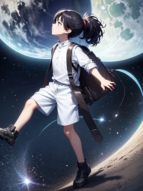 A young boy. backpack. Walking around a planet on the edge of the universe.