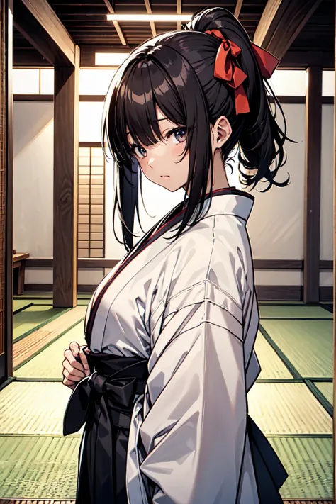 girl、1 person、Single、Long, narrow eyes、bangs、Long Hair、Black Hair、ponytail、seiza、Hakama、White Hakama、Brown haori、The bow is placed at the side、indoor、dojo、床の上でseizaしている、Japanese style、