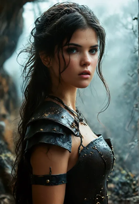 (best quality, High resolution, ​masterpiece, overhead view:1.20),ultradetailed, (Full body:1.5), standing:1.2, marie avgeropoulos, Height 162cm, Body weight 46kg, 20 age old, female warrior, sexy leader outfit, asymmetrical bangs, freckles, black hair, bi...