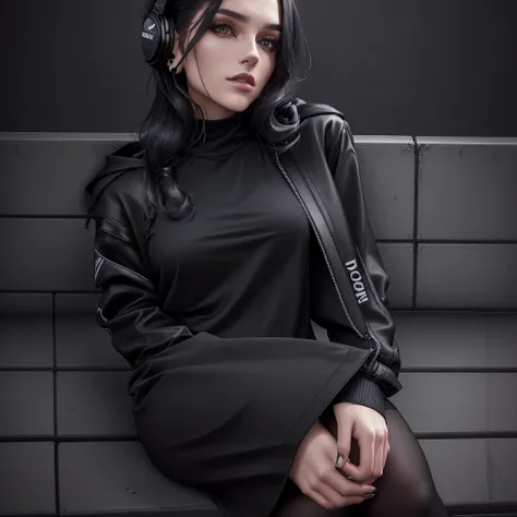 woman sitting on a bench wearing headphones and a black top, photograph of a techwear woman, casual black clothing, black clothing, total black outfit, wearing black modern clothes, black outfit, wearing black clothes, wearing in black clothes, woman in st...