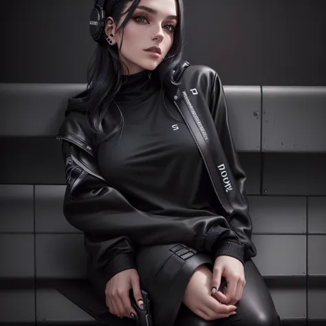 woman sitting on a bench wearing headphones and a black top, photograph of a techwear woman, casual black clothing, black clothing, total black outfit, wearing black modern clothes, black outfit, wearing black clothes, wearing in black clothes, woman in st...