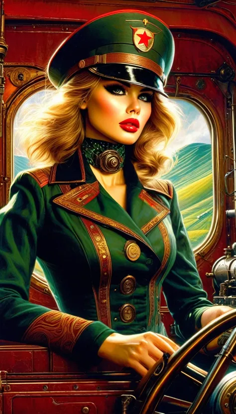 a sexy communist train pilot girl driving big machinery, steampunk, fantasy, medieval, train, oil painting, (art inspired by Bill Sienkiewicz), beautiful detailed eyes, beautiful detailed lips, extremely detailed eyes and face, long eyelashes, intricate ma...