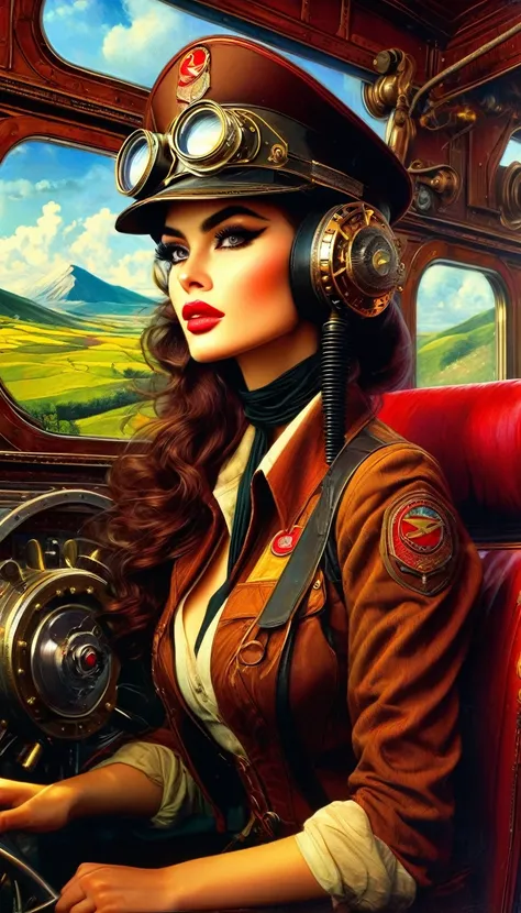 a sexy communist train pilot girl driving big machinery, steampunk, fantasy, medieval, train, oil painting, (art inspired by Bill Sienkiewicz), beautiful detailed eyes, beautiful detailed lips, extremely detailed eyes and face, long eyelashes, intricate ma...