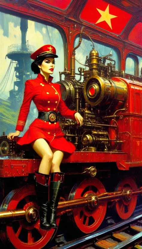 sexy communist train pilot girl drives big machinery, steampunk, landscapes, fantasy, medieval, train, (art inspired by Bill Sienkiewicz). oil painting)
