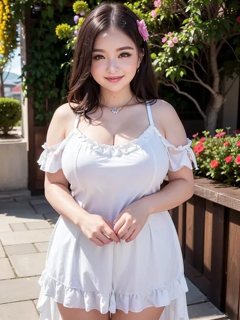 A beautiful and hot almost chubby mature woman.who is wearing a patterned short dress and is and standing in the resort. A smiling face、Sexy woman、A radiant smile、adorable、race、Frills、Colorful design、Full-length mirror、An inviting gaze、Gorgeous long and be...