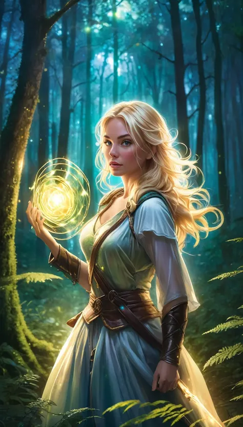 blonde woman lost in the forest, magic lights in hand, beautiful warrior