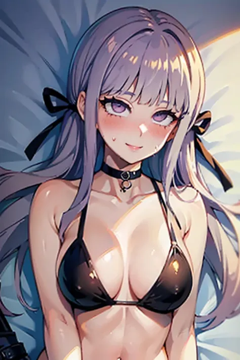 a hot seductive mature woman, kyoko kirigiri, lying down in bed. she has a curvy but slim body, with lovely curves and long sexy...