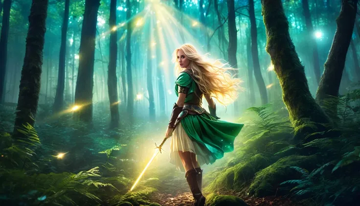 blonde woman lost in the forest, magic lights in hand, beautiful warrior