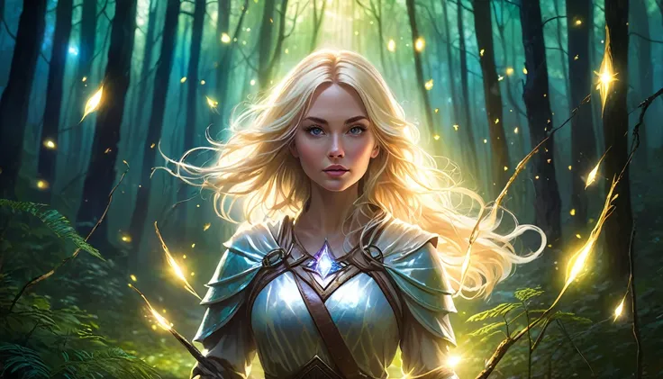 blonde woman lost in the forest, magic lights in hand, beautiful warrior