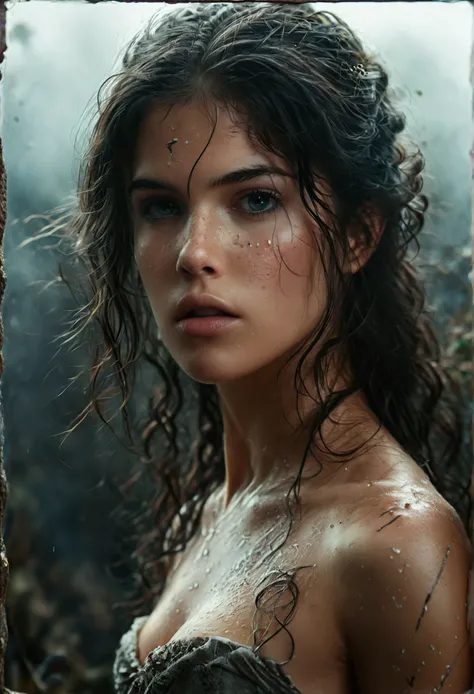 (best quality, High resolution, ​masterpiece, overhead view:1.20),ultradetailed, (Full body:1.5), standing:1.2, marie avgeropoulos, Height 162cm, Body weight 46kg, 20 age old, female warrior, topless , asymmetrical bangs, freckles, black hair, big curls, L...