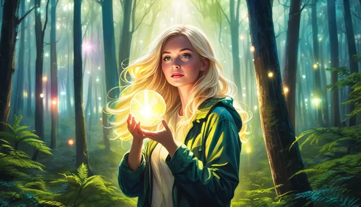 blonde woman lost in the forest, discovering bright lights in your hands