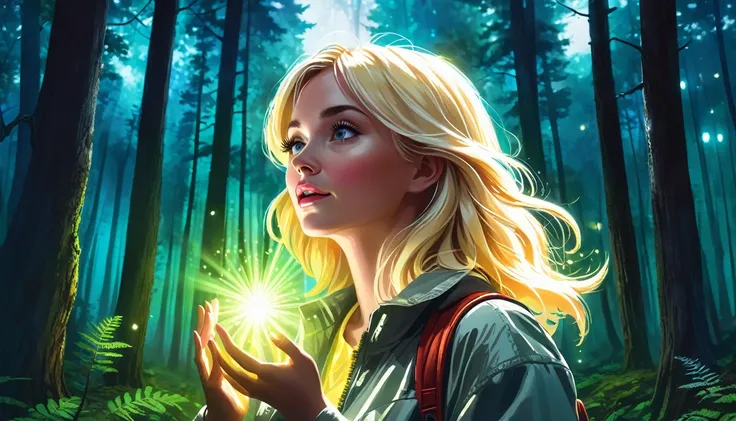 blonde woman lost in the forest, discovering bright lights in your hands