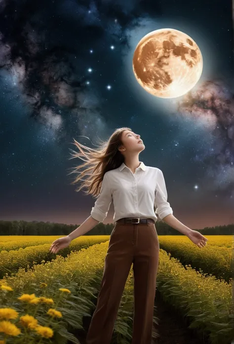 expansive landscape photograph , (a view from below that shows sky above and open field below), a girl standing on flower field looking up, (girl wearing white shirt and brown pants), (full moon:1.2), ( shooting stars:0.9), (nebula:1.3), distant forest, in...