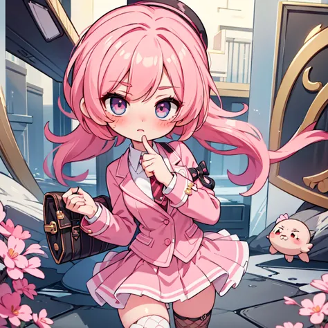 2d, masterpiece, best quality, anime, highly detailed face, highly detailed eyes, highly detailed background, perfect lighting, 1girl, solo, upper body, pink hair, two piece suit and tie, pleated mini skirt, fishnet stockings and heels, blushing,
