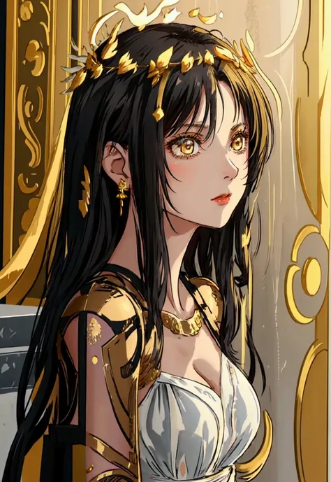 20 years old, with long black hair down to her waist, golden eyes. she wears jewelry and dresses in an antique style, donning a ...