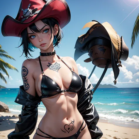 1_girl, solocurvasious. short, black hair. She has aqua blue eyes. wearing a pirate hat. tatoos on the side of her left thigh. Heart tatoo on her right breast. Wearing a black latex bikini, beach background, upper body portrait