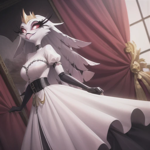 (best quality, masterpiece:1), furry female anthro stella, owl, portrait, stelladress, white dress, black belt, pink beak,  stan...