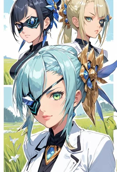 mikumari \(xenoblade\)masterpiece, highest quality, ((1 person)),blue hair,green eyes,serious expression, smile,upper body,line ...