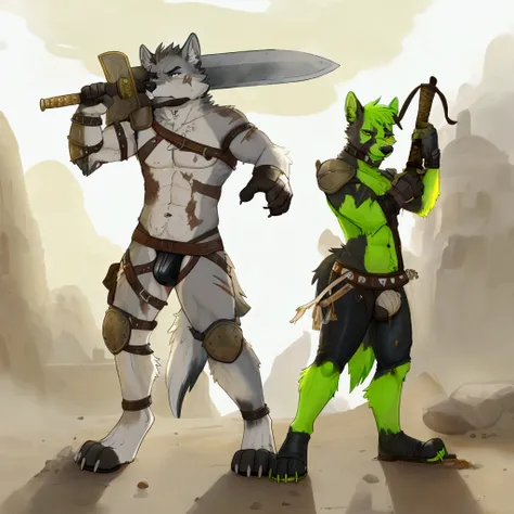 Solo Sexy young anthro furry wolf male mercenary medieval solider, slim slim muscular, anthro handsome gay shorter muzzle, handsome gay model male apperance, sword scars, worn out leather skimpy armament, low on hips heavy leather belt, old very worn out s...