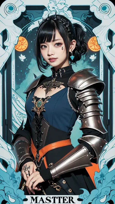 Realistic、A delicate and detailed masterpiece、Highest quality、Highest quality、(Tarot card style:1.3)、Purple Rose Background、One Woman、Upper body photo、(Dragon Master、Streamlined blue full plate armor:1.3)、(Has a big lance、Gothic punk outfit:1.3)、(Black Hai...