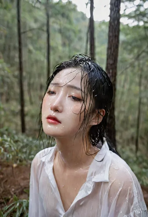 Romantic couple, a Chinese woman, frowning eyebrows, eyes closed (tears coming out), mouth open, face face up, with a shirt (wet white), black and gold. behind him was a young man Korean man hugs her. wet hair. in the forest. cry