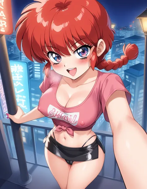 1girl, background, (ranma-chan), blush, red hair, medium breasts, tomboy, one short pigtail, nighttime, hot breath, open mouth, dimmed lighting, standing, city, big ass, wide hips, toned body, wearing slutty prostitute outfit, micro skirt, midriff, prostit...