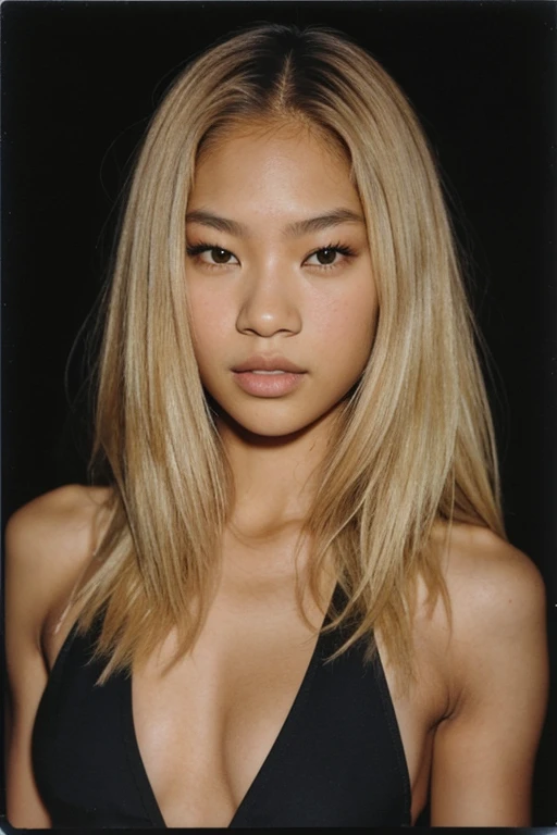 arafed instagram supermodel, biracial features, mid-length blonde hair, pale skin, perfect face, looking hot, olympian swimmer model body, tyla, jennie kim, harsh polaroid flash, vintage quality, in the night, dark background, one girl, vogue