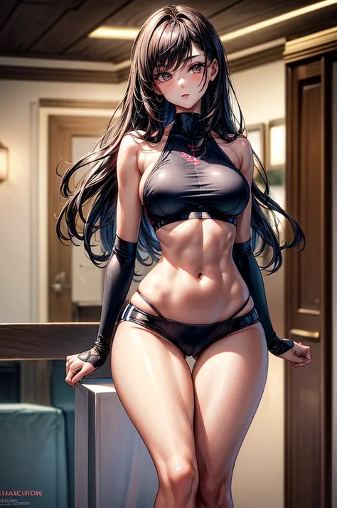 ((highest quality)),(ultra high resolution),(Super detailed), (best work of art), (1 young girl:1.5), beautiful and well-shaped face:1.5,(Beautiful skin with precise and detailed depiction:1.6),(sports bra and waist band hotpants shorts ),gorgeous, masterp...