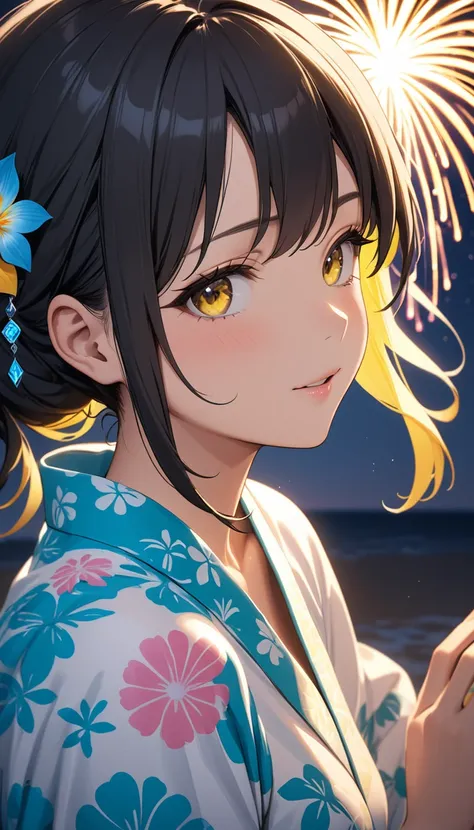 ((Highest quality)), ((masterpiece)), (detailed), Summer fireworks、A black-haired girl in a summery yukata、Blue and yellow contrast、Side Angle、Vision、